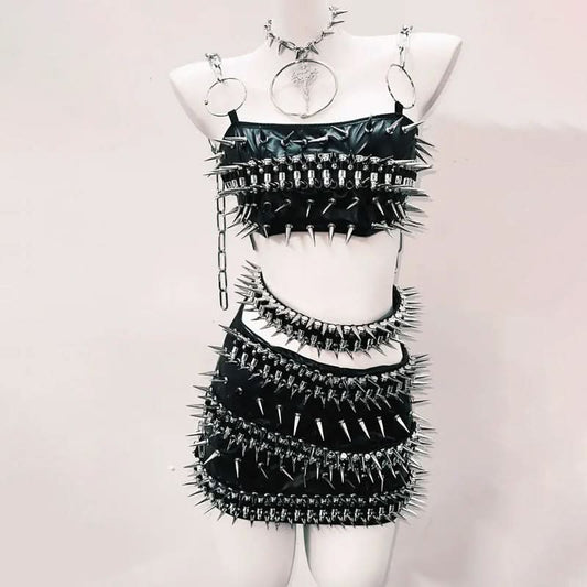 O ring rivet PU leather metal chain belt mini skirt set