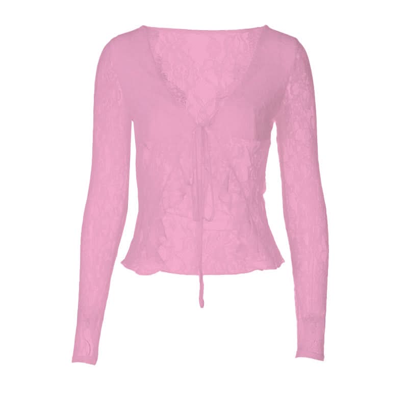 V neck long sleeve lace self tie top