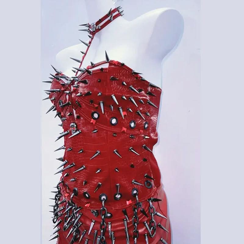 Hollow out rivet applique fluffy metal chain mini skirt set