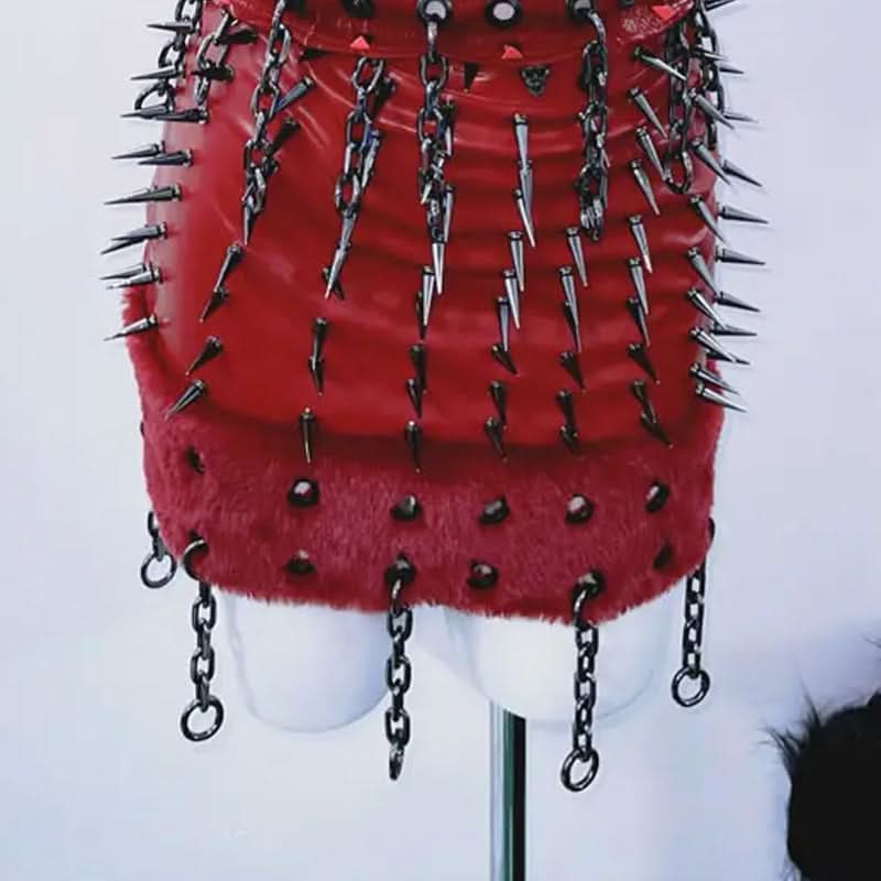 Hollow out rivet applique fluffy metal chain mini skirt set