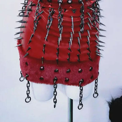 Hollow out rivet applique fluffy metal chain mini skirt set