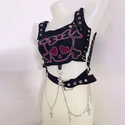 Square neck metal chain o ring skull pattern top