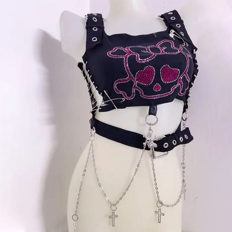 Square neck metal chain o ring skull pattern top