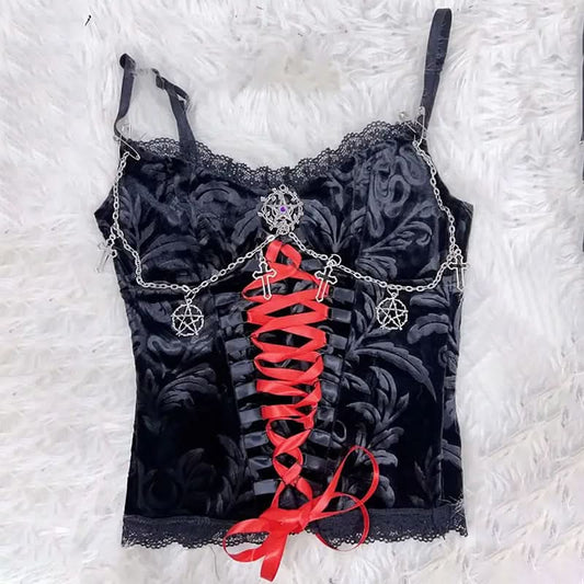 Lace hem metal chain lace up v neck cami top