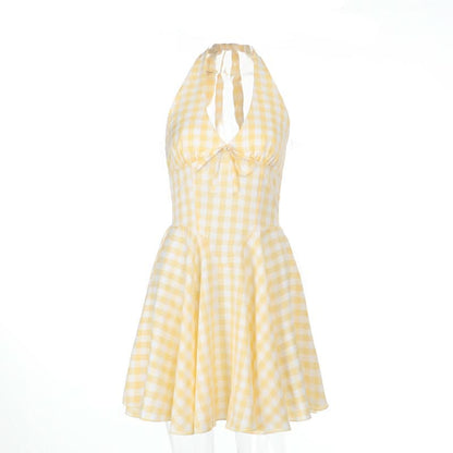 Halter v neck plaid backless mini dress