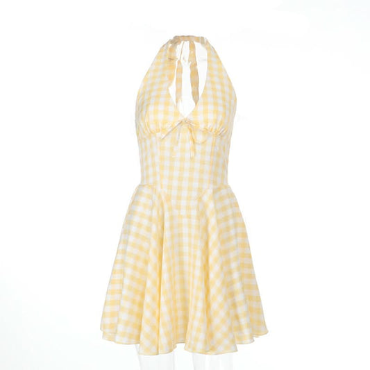 Halter v neck plaid backless mini dress