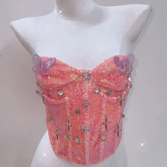 Glitter metal chain butterfly applique tube top