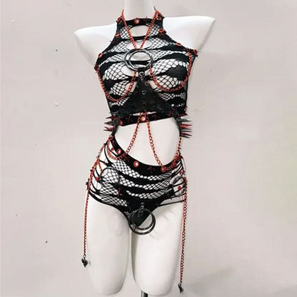 Hollow out o ring metal chain skull applique pant set