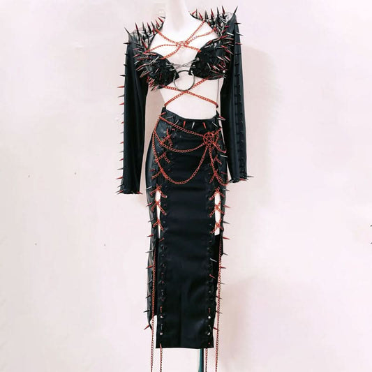 Long sleeve metal chain o ring rivet applique maxi skirt set