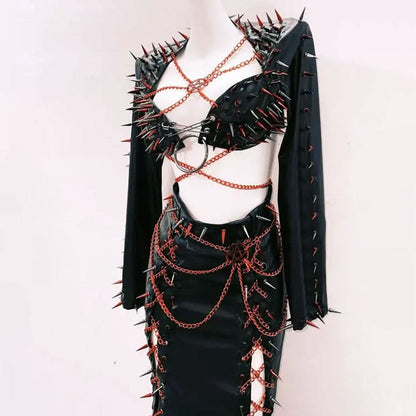 Long sleeve metal chain o ring rivet applique maxi skirt set