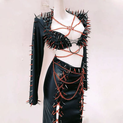 Long sleeve metal chain o ring rivet applique maxi skirt set