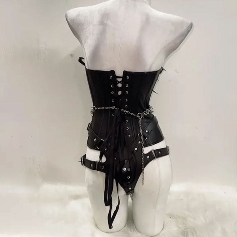 Button skull applique PU leather lace up tube pant set