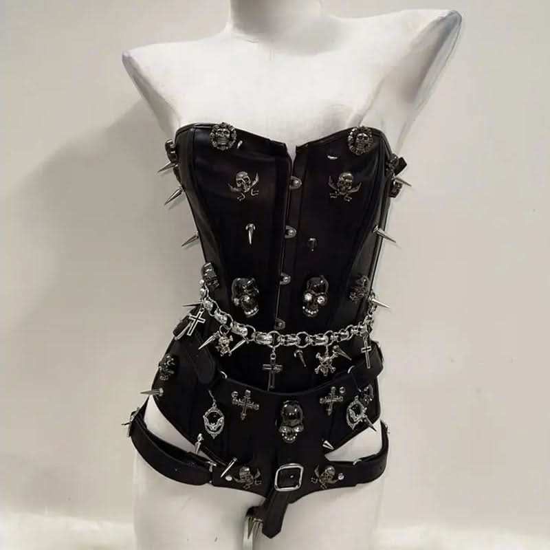 Button skull applique PU leather lace up tube pant set