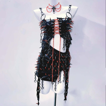 Metal chain lace up o ring rivet applique slit mini skirt set