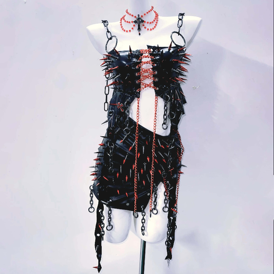 Metal chain lace up o ring rivet applique slit mini skirt set