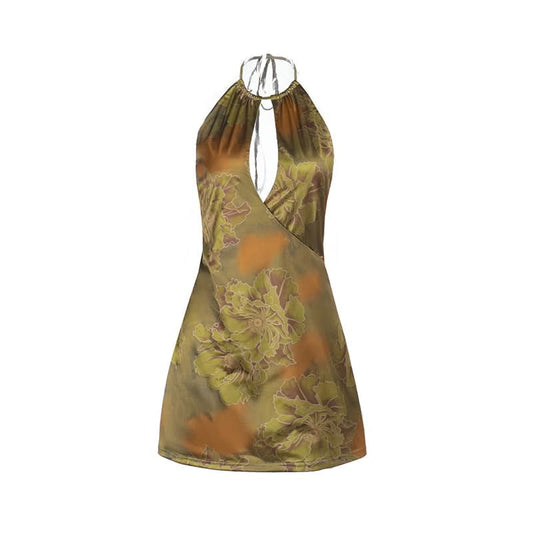 Halter backless hollow out flower print cut out mini dress