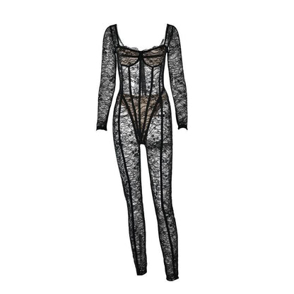 Long sleeve lace see through v neck zip-up jumpsuit