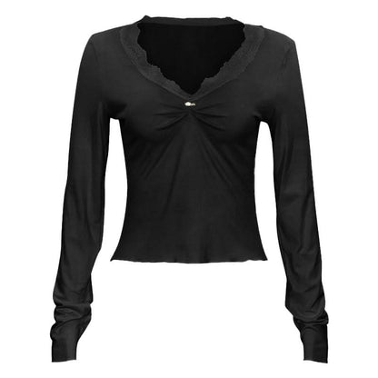 Lace hem long sleeve v neck ruched top