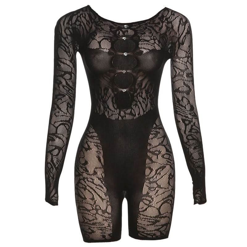 Long sleeve hollow out u neck gloves romper