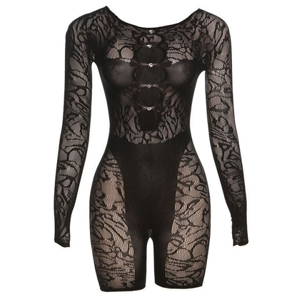 Long sleeve hollow out u neck gloves romper