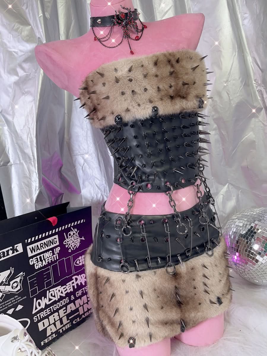 Fluffy metal chain rivet PU leather tube mini skirt set