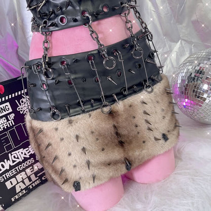 Fluffy metal chain rivet PU leather tube mini skirt set