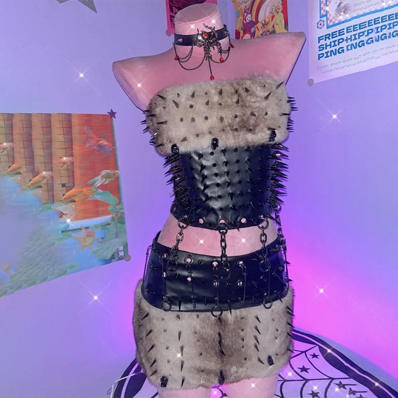 Fluffy metal chain rivet PU leather tube mini skirt set