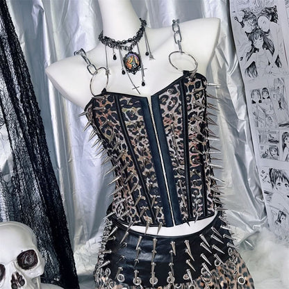 Leopard print rivet o ring button corset top
