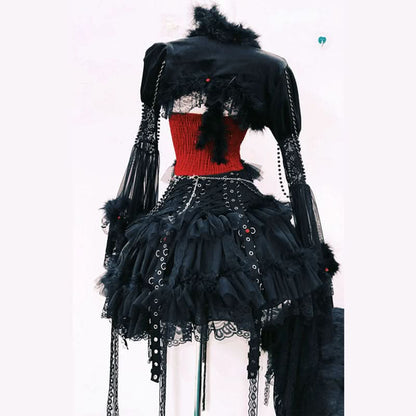 Long sleeve flower applique beaded fluffy mini skirt set