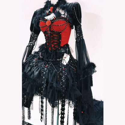 Long sleeve flower applique beaded fluffy mini skirt set