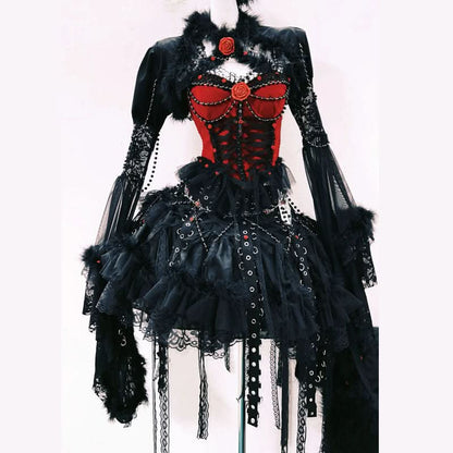 Long sleeve flower applique beaded fluffy mini skirt set