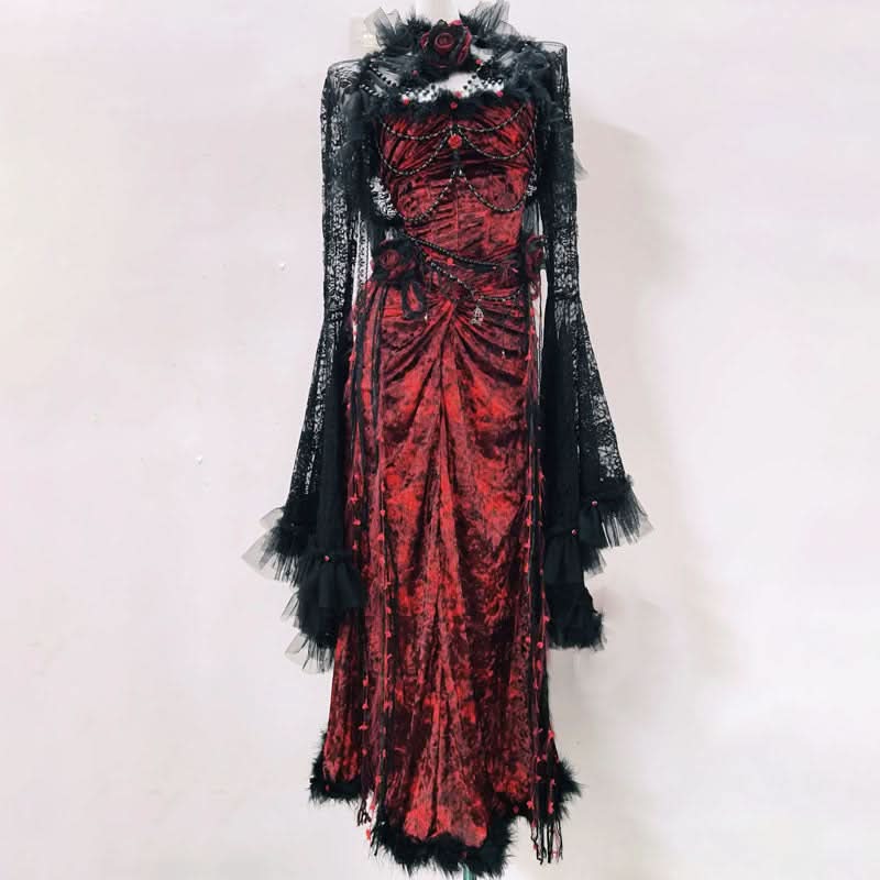 Ruched long sleeve flower applique beaded maxi dress