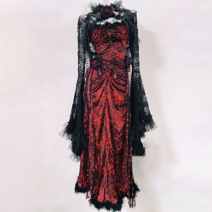 Ruched long sleeve flower applique beaded maxi dress