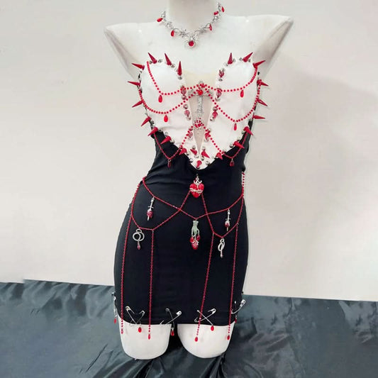 Sweetheart neck beaded rivet applique mini dress