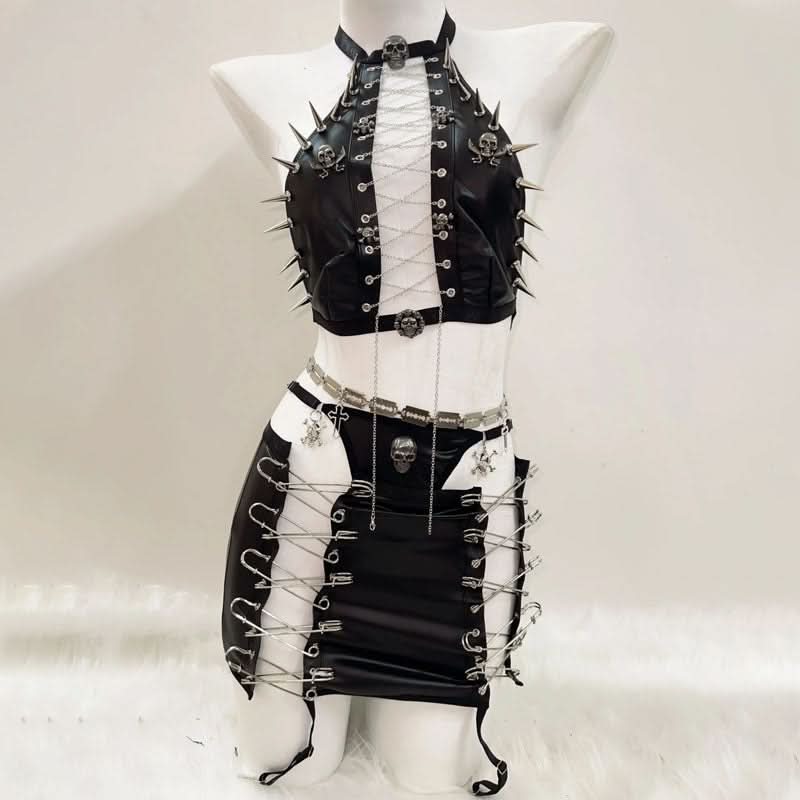 Metal chain zip-up skull applique hollow out mini skirt set