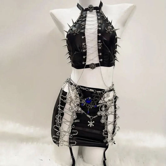 Metal chain zip-up skull applique hollow out mini skirt set