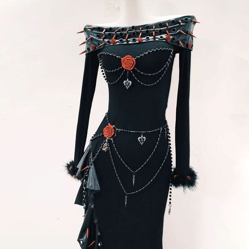 Long sleeve off shoulder irregular flower applique maxi dress