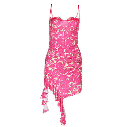 Irregular ruched lace hem print slit cami mini dress