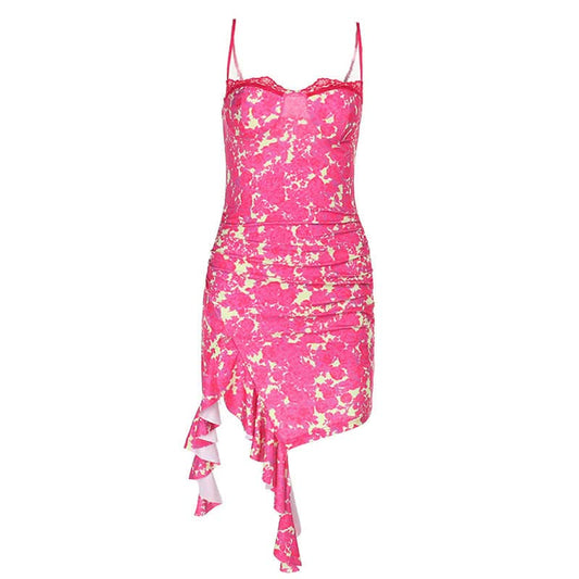Irregular ruched lace hem print slit cami mini dress