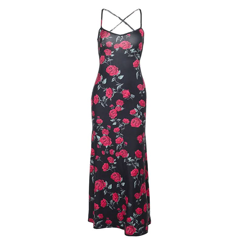 Cross back self tie flower print v neck cami maxi dress