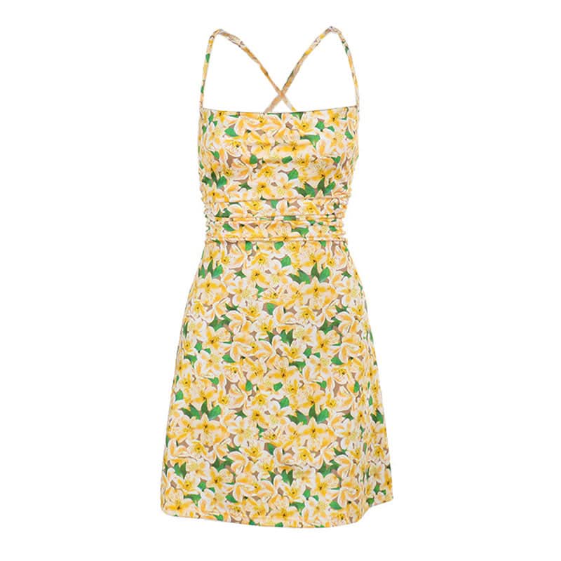 Square neck cross back ruched print cami mini dress