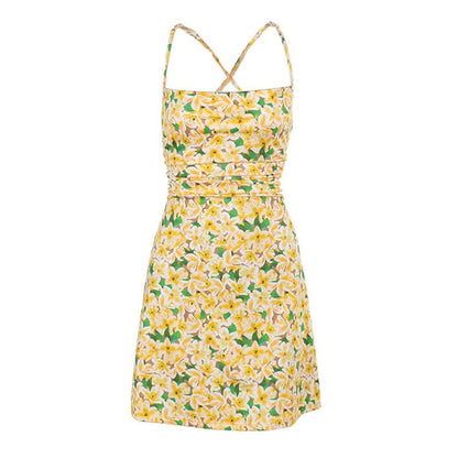 Square neck cross back ruched print cami mini dress
