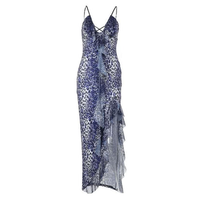 Leopard print hollow out irregular slit cami cut out maxi dress