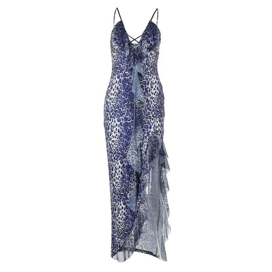 Leopard print hollow out irregular slit cami cut out maxi dress