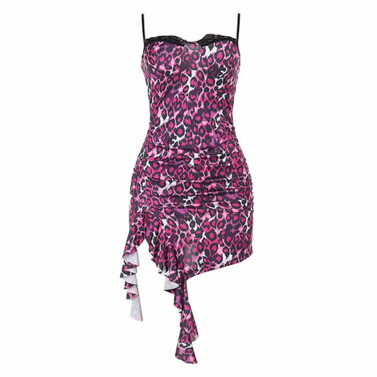Lace hem print irregular slit ruched cami mini dress