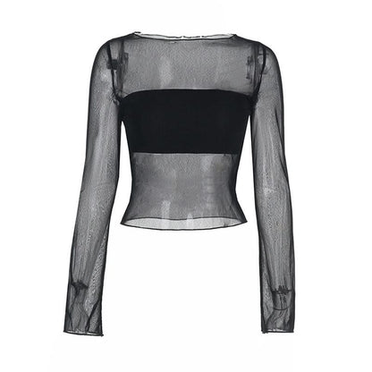 Long sleeve mesh crewneck solid top