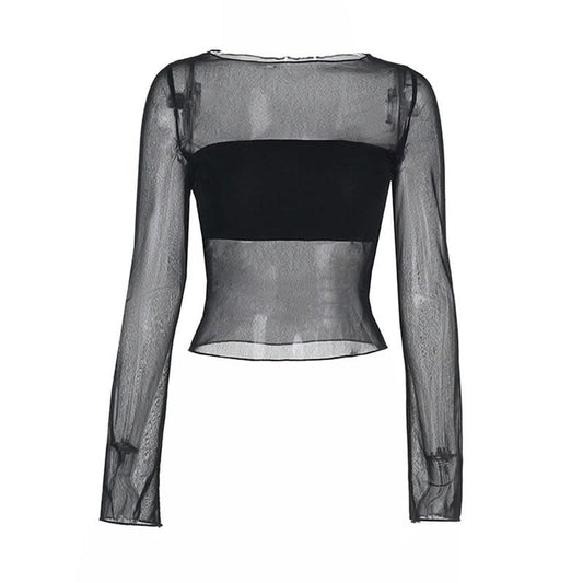 Long sleeve mesh crewneck solid top