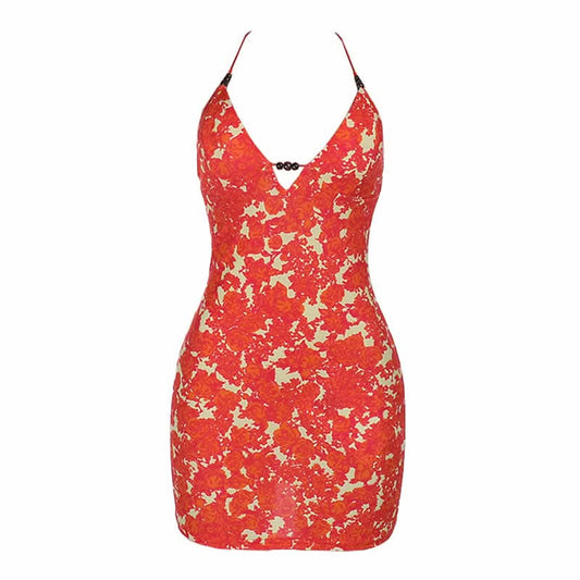Self tie halter print v neck backless mini dress