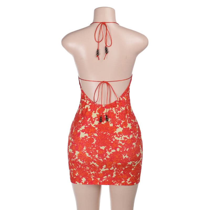 Self tie halter print v neck backless mini dress