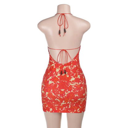 Self tie halter print v neck backless mini dress